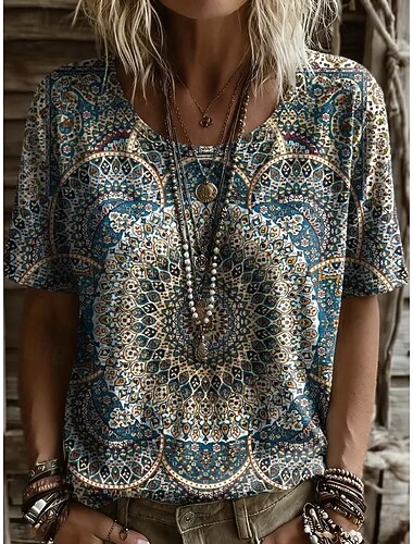  Mujer Camiseta Estampado Floral Graphic Geométrico Vintage Elegante Casual Manga Corta Cuello Barco Tops largos Casual Diario Fin de semana Azul Piscina Rosa Púrpula Claro Verano Primavera