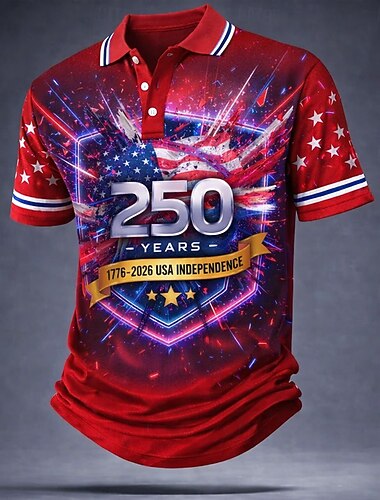  4. Juli 2026 250. Herren Amerikanische US-Flagge Poloshirts Kurzarm Polo-Shirts Hemden mit Kragen Lässig Outdoor Athleisure Knöpfe Frühling & Sommer Blau Rote Grau