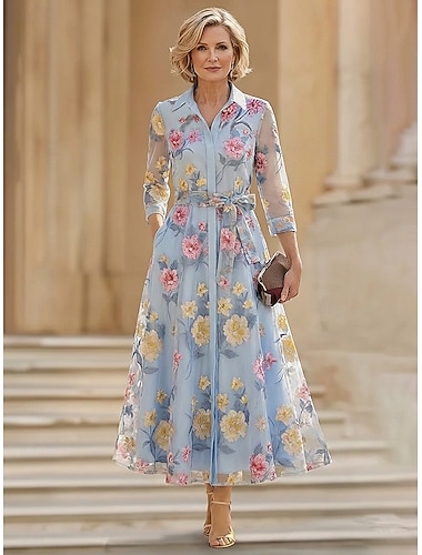  A-Linie Kleid Knöchellänge Tee-Länge Kleid für Hochzeitsgäste Brautmutterkleid Dreiviertelarm Hemdkragen Elegant Vintage Formell Hochzeitsgast Semi-Formal Organza Jacquard mit Schleife(n)