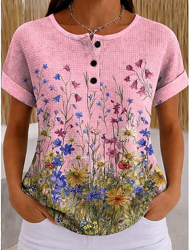  Dames Wafel T-shirt T-shirt Zomer tops Kleurenblok Afdrukken Grafisch Geometrisch Planten Vintage Stijlvol Klassiek Korte mouw Strakke ronde hals Normale tops Casual Dagelijks blauw Geel Blozend Roze