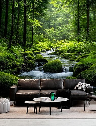  luonto metsäseinävaate auringonsäteet auringonvalo puiden läpi maisema seinävaate sumuinen metsä sammaleinen mäntymetsä maisema suuri kangasjuliste makuuhuoneeseen olohuoneeseen zen-sisustus