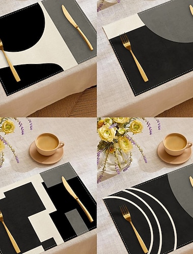  Schwarz-weißes geometrisches Tischset, rechteckiges Tischset aus 100 % Polyestergewebe, abstraktes geometrisches Muster, maschinenwaschbar, hitzebeständig