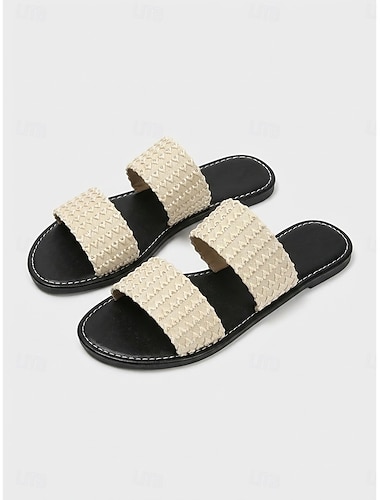  Crèmekleurige dames slippers met dubbele bandjes - bohemian platte strandslippers met textuurstof voor luxe resortvakanties en ontspanning in hotels. &strandvakanties