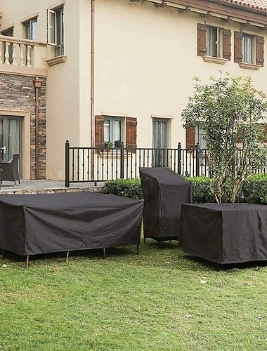  Capa protetora para móveis de jardim retangular ou quadrada, preta, em tecido Oxford 210D, para conjunto de mesa e cadeiras de jardim. Possui cordão de ajuste, é impermeável, resistente à poeira e aos
