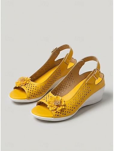  Gule kile-sandaler til dame – pustende, åpne, casual sandaler med blomsterdetaljer for hage, reise og ferie &daglig bruk