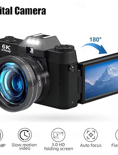  6k digitalkamera for fotografering og video, 64mp vloggkamera med autofokus, 180° vippbar skjerm, blits, sakte film, vidvinkel &makroobjektiv, kompaktkamera for YouTube, nybegynnere, studenter