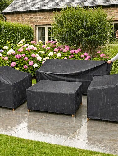  Vattentätt överdrag för utemöbler, 4-delat överdrag för utemöbler för soffa, trädgårdsstolar, soffbord, vindtätt med spänne, svart