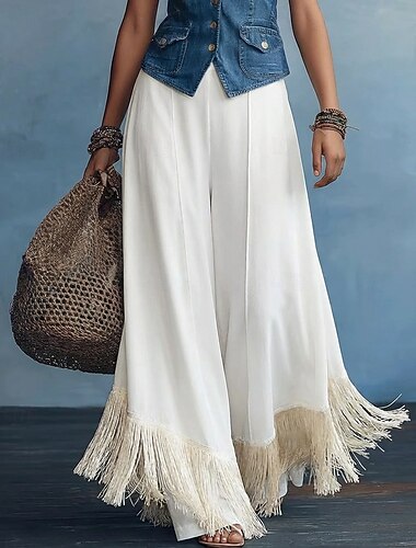  Dames Bell Bottom Chinese Palazzo-broek Elegant Vakantie Vintage Volledige lengte Middelhoge taille Effen Kleur Kwastje Lapwerk Zak Comfortabel Ademend Inelastisch Dagelijks Huis Buiten Abrikoos