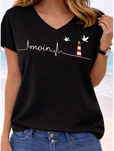  בגדי ריקוד נשים חולצה קצרה דפוס גראפי אותיות קבוצת כדורגל מסוגנן קלסי יום יומי שרוולים קצרים צווארון V חולצות רגילות קזו'אל יומי פול ירוק עם בז ' שחור ירוק בהיר קיץ אביב