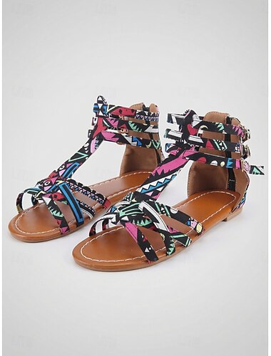  Färgglada vävda gladiatorsandaler för kvinnor - livfulla bohemiska platta sandaler med flera remmar för semesterorter och sommarfestivaler &tropiska resor