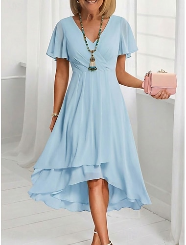  Damen Midikleid Freizeitkleid Chiffonkleid Schwingkleid Elegant Mode Modern Outdoor Urlaub Ausgehen Normale Passform Einfach Kurzarm V Ausschnitt Blau Hellrosa Schwarz Weiß Sommer Frühling