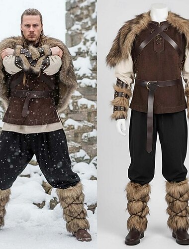  Set Medeltida kostymer Renässans Knälång Kläder Finkostym Fuskpälsdräkt Krigare Barbar Maskeradkläder Herr Viking Halloween Karnival Prestanda LARP Ren Faire Vuxna