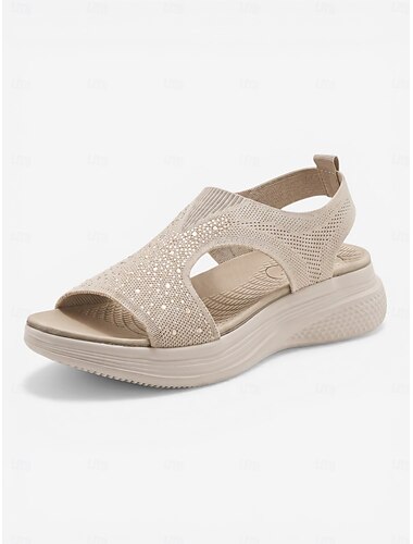 Damessandalen met amandelvormige voetboogondersteuning, gebreide stof – ademende, elastische instapschoenen met een gedempte zool, lichtgewicht zomersandalen met strasssteentjes voor wandelen en