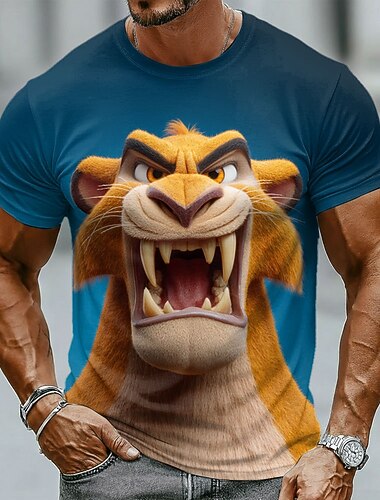  Testa di leone ruggente con enormi zanne, t-shirt streetwear da uomo realistica con grafica 3D, girocollo, maniche corte, blu, abbigliamento da palestra, regalo per amanti degli animali, abbigliamento