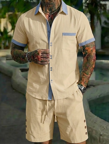  Herren Leinenhemd Zweiteilig Hemd Set Und Shorts Leinenshorts Strandshorts Set Kontrastfarbe Täglich Outdoor Urlaub Umlegekragen Kurzarm Sommer Mode Lässig Bequem Bekleidung
