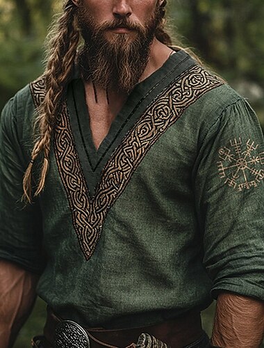  Homme Chemise Chemise en lin Style Viking Chemise popover Chemise d'été Tenue de plage Géométrique Vacances Rue Bleu Vert Kaki manche longue Col en V Été Printemps Vêtement Tenue