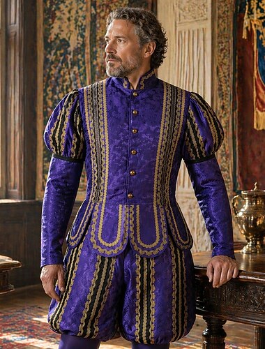  Set Tudor Medeltida kostymer Renässans Byxa Skjorta Lång ärm Prins Adelsman Jacquard Hög krage Maskeradkläder Herr Kunglig Maskerad Renässansmässan LARP Vuxna Topp Shorts Alla årstider