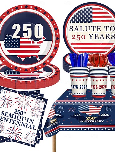  Yhdysvaltain 250-vuotisjuhlavuoden kertakäyttöastiasto – punainen, valkoinen &siniset lautaset, kupit, lautasliinat &pöytäliina, isänmaallisen itsenäisyyspäivän juhla 1776–2026