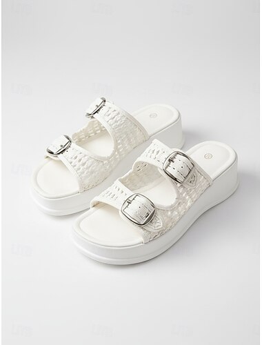  Sandale albe cu platformă, respirabile, pentru femei - sandale confortabile cu platformă și barete goale &detaliu cataramă pentru vacanțe la plajă, croaziere de vară &relaxare la malul mării