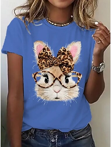  Easter Women's T Shirt Print Graphic Animal Cartoon Fashion Stylish Classic Short Sleeve Crew Neck Regular Tops Daily Weekend Blue Black White Pink Purple Summer Spring