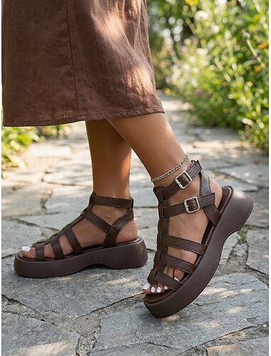  Bruine gladiatorsandalen met plateauzool voor dames – casual geweven sandalen met verstelbare gespbandjes, lichtgewicht zomerschoenen voor op reis of vakantie. &dagelijkse kleding