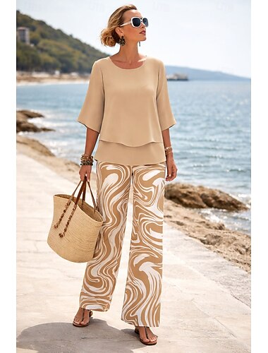  女性用 パンツセット ハーフスリーブ バタフライ ラウンドネック グラフィック 幾何学模様 エレガント 旅行度假风 カジュアル 日常 ビーチ ブルー グリーン カーキ色 春夏 ルーズフィット