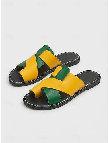  Naisten keltaiset ristinauhasandaalit - tyylikkäät avokärkiset sandaalit, trendikäs väriblokkimuotoilu kesäretkille, rantapäiville, arkikäyttöön ja lomalle