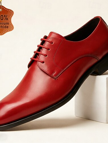  Sapatos sociais masculinos vermelhos estilo derby com bico liso, modelo clássico de amarrar, ideais para homens elegantes em casamentos, festas, banquetes e eventos noturnos.