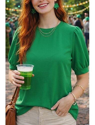  São Patrício Mulheres Camiseta T-shirt Com Corte Côr Sólida Elegante Moda Casual Meia Manga Manga lanterna Gola Redonda Tops regulares Diário Para Noite Final de semana Verde Verão Primavera
