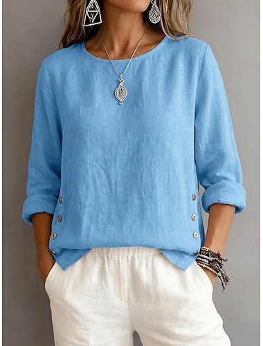  Damen Bluse Gerafft Knöpfe Einfach Vintage Stilvoll Langarm Rundhalsausschnitt Normale Oberteile Täglich Ferien Ausgehen Blau Schwarz Weiß Gelb Rosa Sommer Frühling