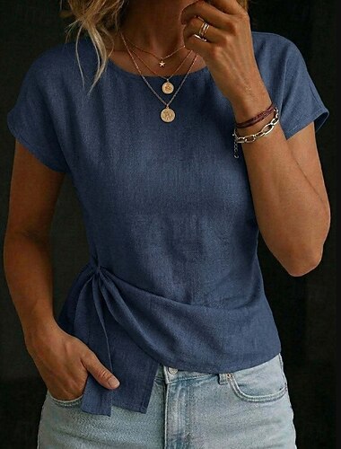  Γυναικεία Πουκάμισο Σκέτο Κομψό Βοημία Διακοπές Κοντομάνικο Κανονικά μπλουζάκια Causal Καθημερινά Αργίες Λευκό Φούξια Χακί Σκούρο μπλε Καλοκαίρι Άνοιξη