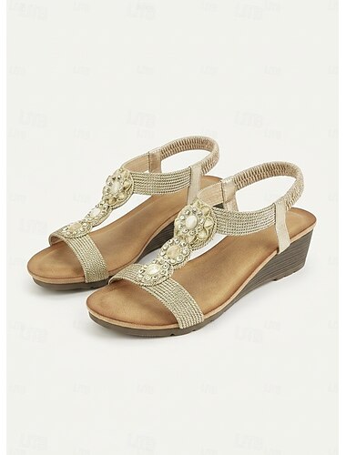  صندل مسطح نسائي ذهبي مزين بالخرز - حذاء شاطئ بوهو مرن الظهر مناسب للصيف والمنتجعات