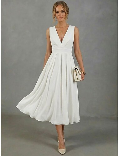 Damen Midikleid Weißes Kleid Cocktailkleid Elegant Mode Party Ferien Normale Passform Einfach Ärmellos V Ausschnitt Weiß Sommer Frühling
