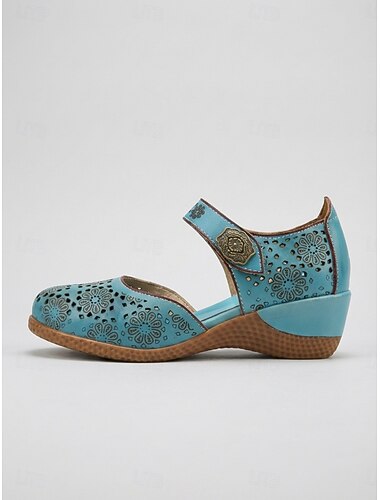  Ballerines bleues à fleurs ajourées pour femme – ballerines confortables en cuir vintage avec bride ajustable, idéales pour les voyages et les garden-parties. &vêtements de tous les jours