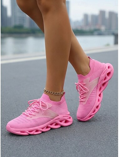  Scarpe da corsa rosa da donna in maglia: scarpe sportive leggere e ammortizzate con plateau, ideali per camminare, viaggiare e per l'uso quotidiano.