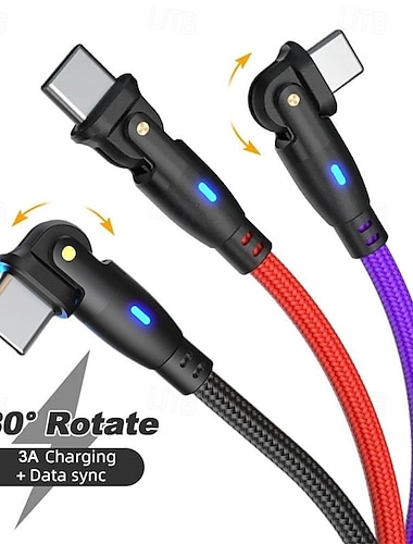  180° roterende hurtigladekabel, svingbar albuedatasynkroniseringsledning for iPhone, Android og Samsung, USB-C/Micro/Lightning-kontakter, flettet nylonkabel i forskjellige lengder med LED-lys