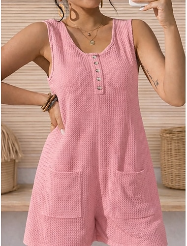  Damen-Waffel-Jumpsuit, einfarbig, ärmellos, weites Bein, Rundhalsausschnitt, Tasche, für Alltag und Zuhause, normale Passform, hellgrün, rosa, hellblau, Sommer