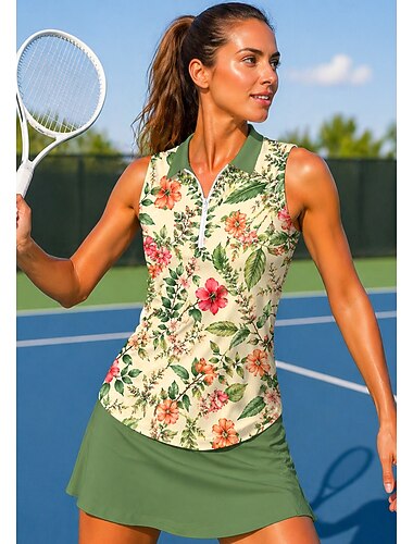  Damen Pflanzen Blumenmuster Oberteile Sporthemd Golf-Poloshirt Tank Top Ärmellos Blumen UPF50+ UV-beständig Hohe Elastizität Feuchtigkeitsableitend Atmungsaktiv Tennis Golfspiel Laufen Umlegekragen
