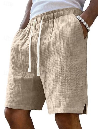  בגדי ריקוד גברים שורטים מכנסי פשתן מכנס קיץ קצר מכנסי חוף מכנסיים קצרים מזדמנים שרוך אלסטית מותניים צבע אחיד קומפורט נושם באורך הברך יומי בָּחוּץ לבוש רחוב אופנתי סגנון קלאסי פול תלתן מיקרו-אלסטי