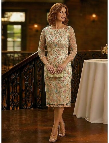  Linea ad A Tubino Colonna Lunghezza Tè Lunghezza al ginocchio Abito da cerimonia per signora Manica 3/4 Scollo a Barca Elegante Vintage Brillare & Splendere Formale Ospite di nozze Semi-Formale Pizzo