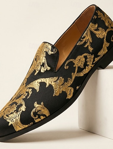  メンズ ブラック ゴールド バロック ローファー スリッポン 刺繍入りドレスシューズ 結婚式、宴会、パーティー、プロム、舞台公演、そして印象的なイブニングウェアに最適な高級フォーマルシューズ