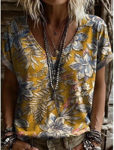  Női Póló Nyomtatott Grafika Régies (Vintage) Szüret Stílusos Klasszikus Rövid ujjú V-alakú Normál felsők Hétköznapi Napi Alkalmi Fekete Sárga Rubin Nyár Tavasz