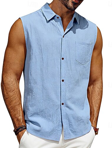  Herren Hemd Leinenhemd Sommerhemd Strandbekleidung Ärmelloses Shirt Einfarbig Lässig Urlaub Blau Schwarz Weiß Gelb Ärmellos Umlegekragen Sommer Frühling Bekleidung Tasche