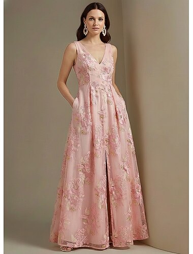  A-linje Gulvlengde Floral kjole Kveldskjoler Elegant Blomster Ermeløs V-hals Hage fest Bryllup Lomme Blonder Organza Cowlhals med Blomstertrykk Plissert Appliqué