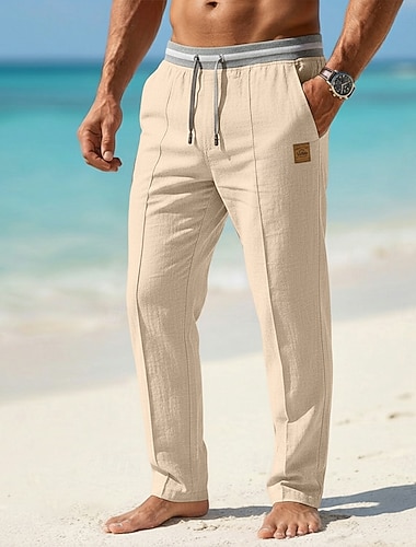  Herren Leinenhosen Sommerhose Baggy-Hosen Kordelzug Elastischer Bund Gerader Schnitt Einfach Komfort Atmungsaktiv Volle Länge Lässig Täglich Strand Urlaub Mode Blau Schwarz Unelastisch