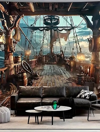  Piratenschiff, nautisches Abenteuer, Holzdeck, Meereswellen, Meerblick, Laternen, Sonnenuntergang – Wandteppich, Wandbehang, Hintergrund für Wohnzimmer, Schlafzimmer, Männerhöhle, Themenparty,