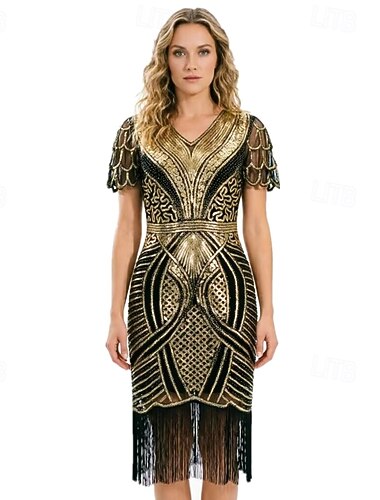  Glada 20-talet 1920-talet Retro / vintage Knälång Flapper-klänning Korta ärmar Den store Gatsby charleston Paljetter Tofs V-hals Maskeradkläder Dam Halloween Karnival Fest / afton Vuxna Klänning Alla