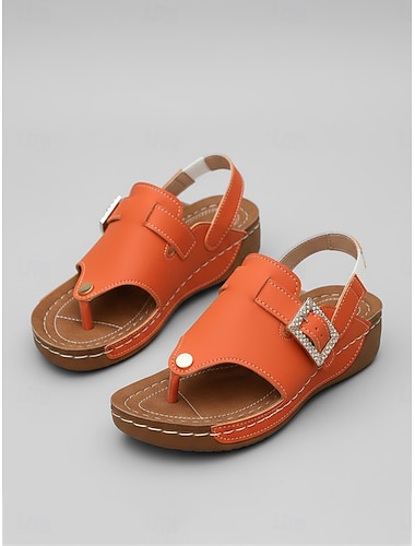  oransje damesandaler med strassspenne i kileform, sommersandaler med justerbar stropp, komfortable, åpne, uformelle sko til daglig bruk og reiser. &hageutflukt