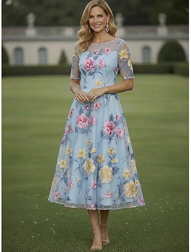  A-Linie Kleid Knöchellänge Tee-Länge Cocktailkleid Brautmutterkleid Kurzarm U-Boot-Ausschnitt Elegant Einfach Lässig Formell Hochzeitsgast Semi-Formal Organza Jacquard mit Blumenmuster Farbblock
