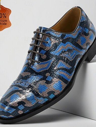  herrskor med blå abstrakt mönster och snörning, snygga statement-skor för bröllopsgäster, banketter, fester, bal och formella tillfällen